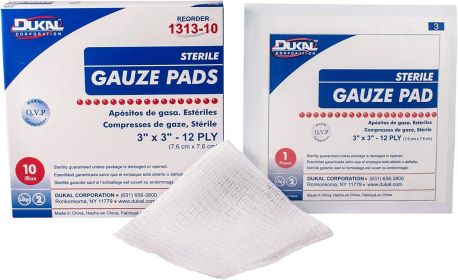 Dukal Woven Gauze Pads 3" x 3". Pack of 10 Сotton Sponges 12-ply. Sterile; 100% Cotton Gauze Dressing Pads for Wound Dressing; Cleaning; Prepping or P